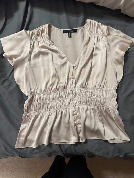 White House Black Market Tops - White House Black Market Cream Satin Smocked Peplum Button Blouse
